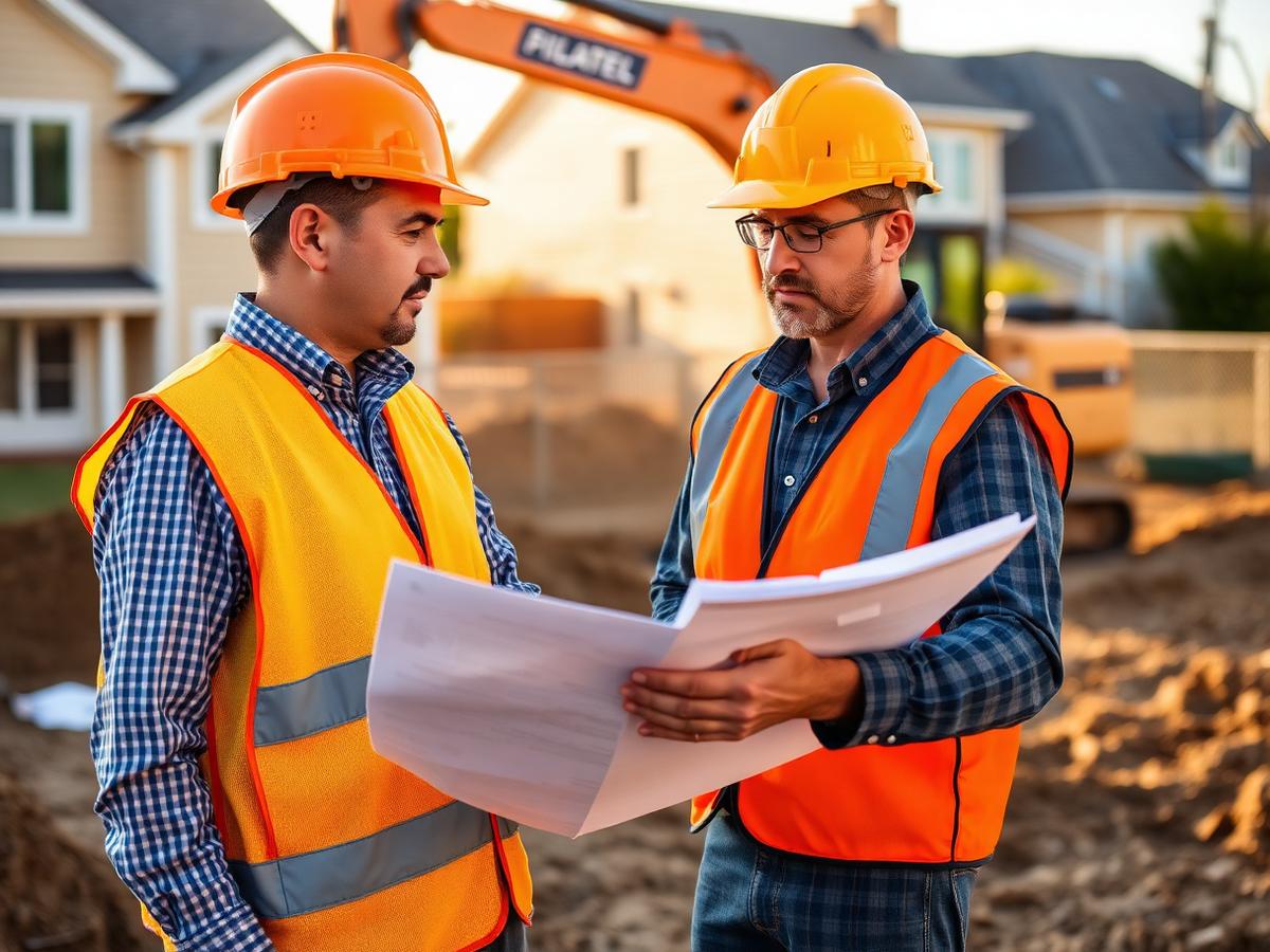 Équipe de construction consultant des plans sur un chantier résidentiel